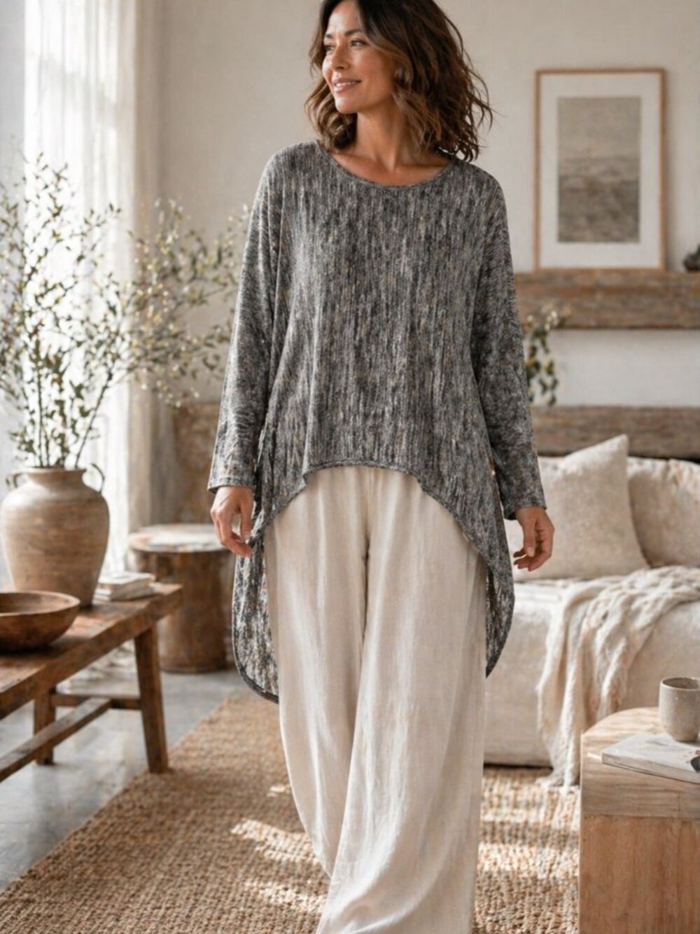 Apricot Heathered Gray High Low Knit Lagenlook Top Minimalist Casual Size 8